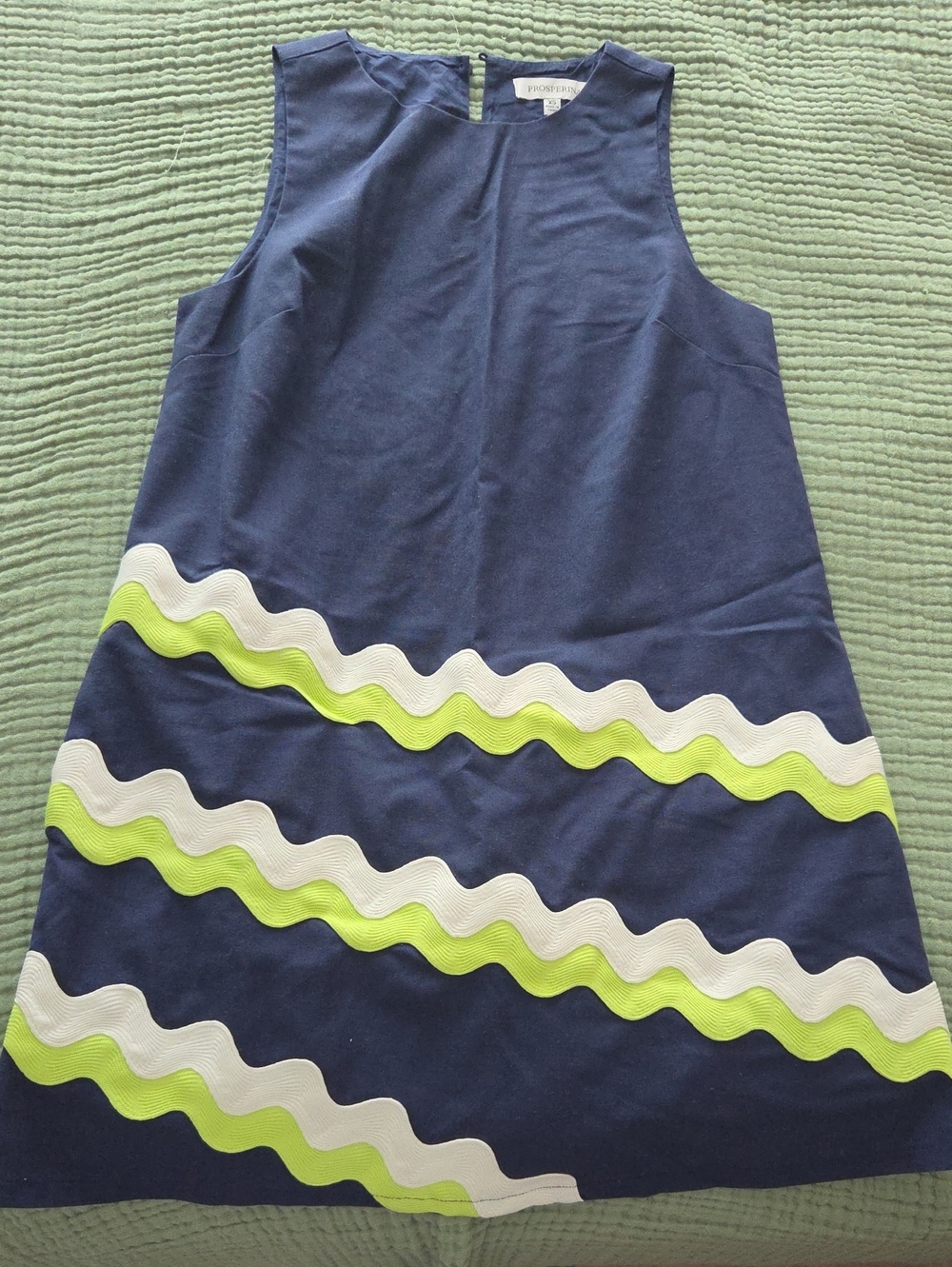 Navy Sleeveless A-Line Dress with White & Lime Wave Trim
